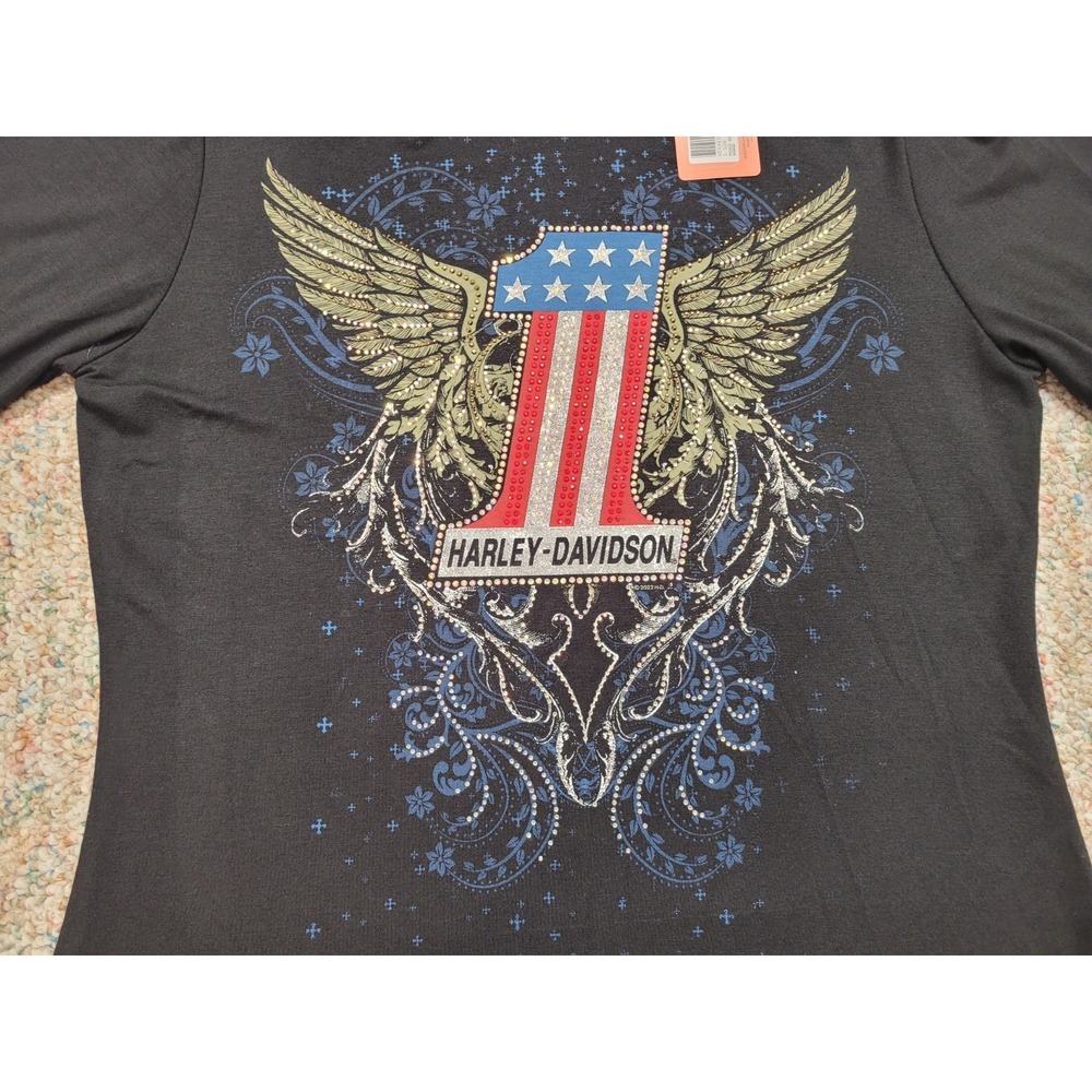 Harley Davidson Shirt Women Large Black Motorcycle Rider Biker Wings Chopper NWT - Picture 3 of 15